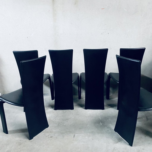 6 X Zwart Leren Tripot Eetkamerstoelen Pietro Costantini Italiaans Design 1980