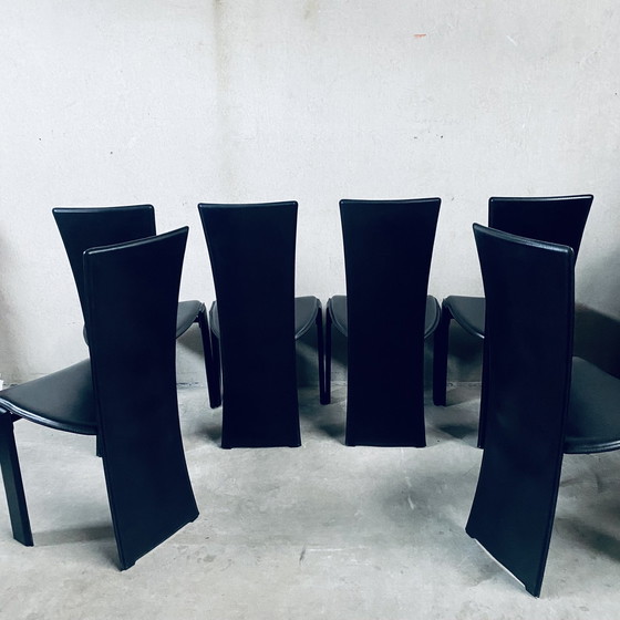 Image 1 of 6 X Zwart Leren Tripot Eetkamerstoelen Pietro Costantini Italiaans Design 1980