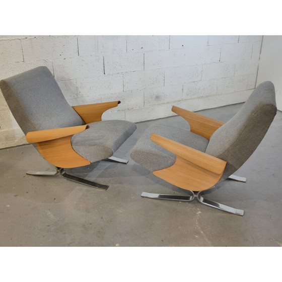Image 1 of Paar vintage fauteuils in eiken en stof van François Letourneur voor Maurice Mourra, 1961