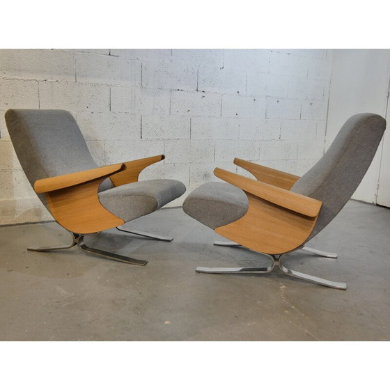 Image 1 of Paar vintage fauteuils in eiken en stof van François Letourneur voor Maurice Mourra, 1961