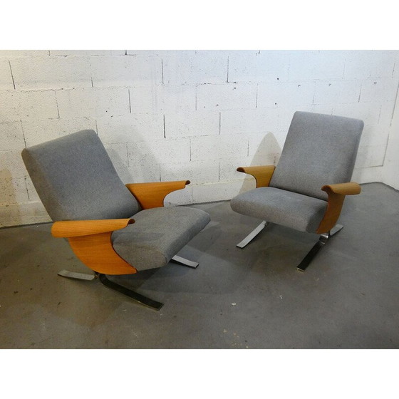 Image 1 of Paar vintage fauteuils in eiken en stof van François Letourneur voor Maurice Mourra, 1961