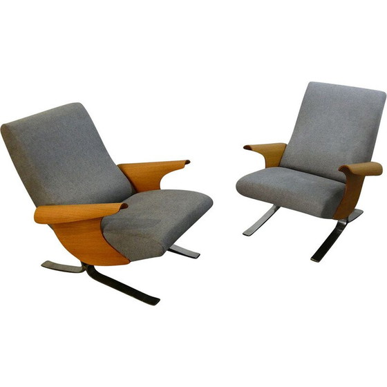 Image 1 of Paar vintage fauteuils in eiken en stof van François Letourneur voor Maurice Mourra, 1961