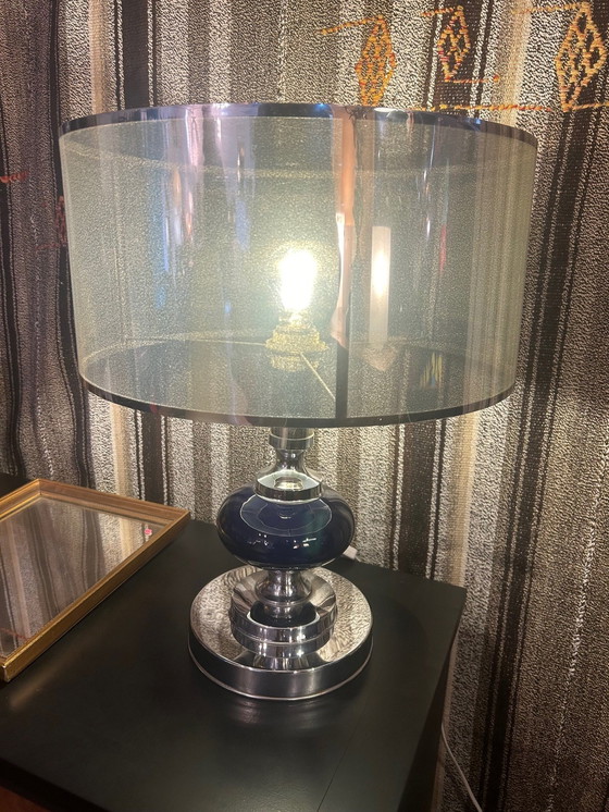 Image 1 of Blauwe en Zilveren Metalen Lamp 1970