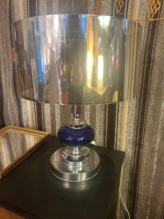 Image 1 of Blauwe en Zilveren Metalen Lamp 1970