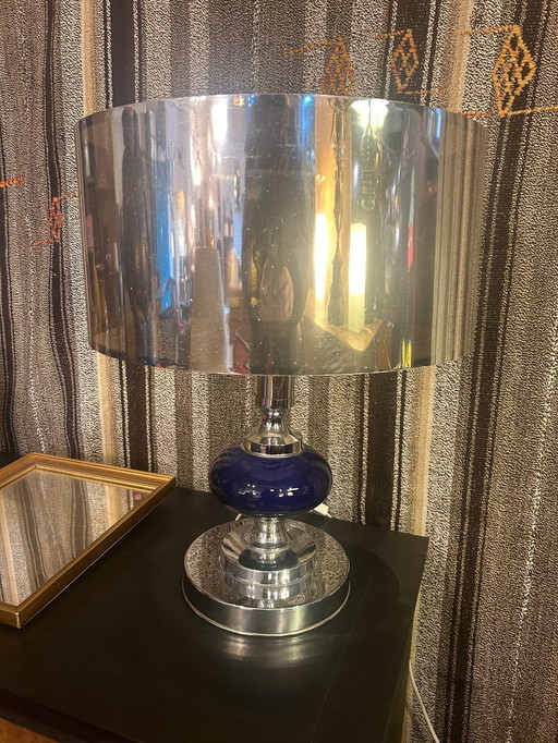 Blauwe en Zilveren Metalen Lamp 1970