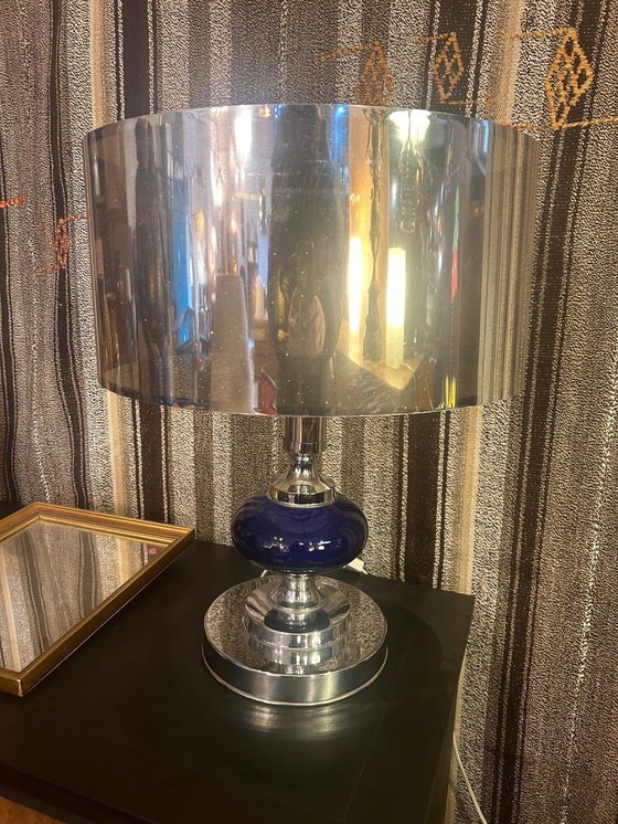 Image 1 of Blauwe en Zilveren Metalen Lamp 1970