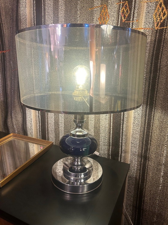 Image 1 of Blauwe en Zilveren Metalen Lamp 1970