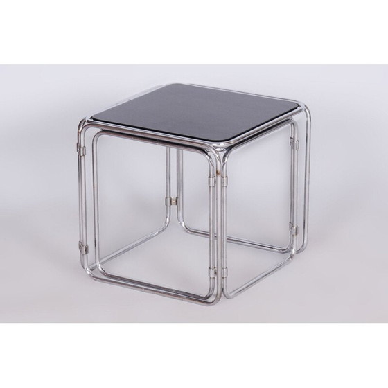 Image 1 of Vintage nesttafels van verchroomd staal en Opaxit glas, Tsjecho-Slowakije 1960