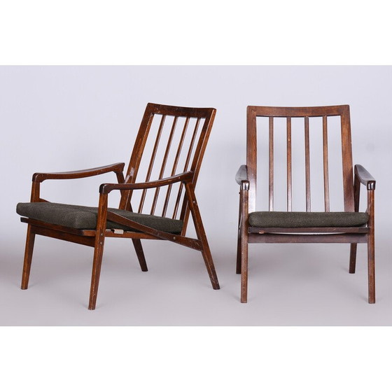 Image 1 of Paar Mid Century fauteuils in gebeitst beukenhout en stof, Tsjechië 1960