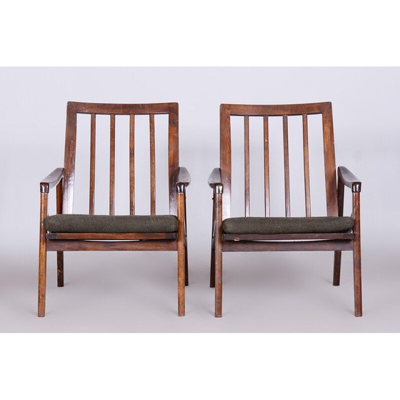Image 1 of Paar Mid Century fauteuils in gebeitst beukenhout en stof, Tsjechië 1960