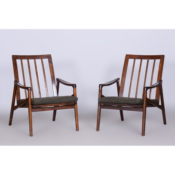 Image 1 of Paar Mid Century fauteuils in gebeitst beukenhout en stof, Tsjechië 1960