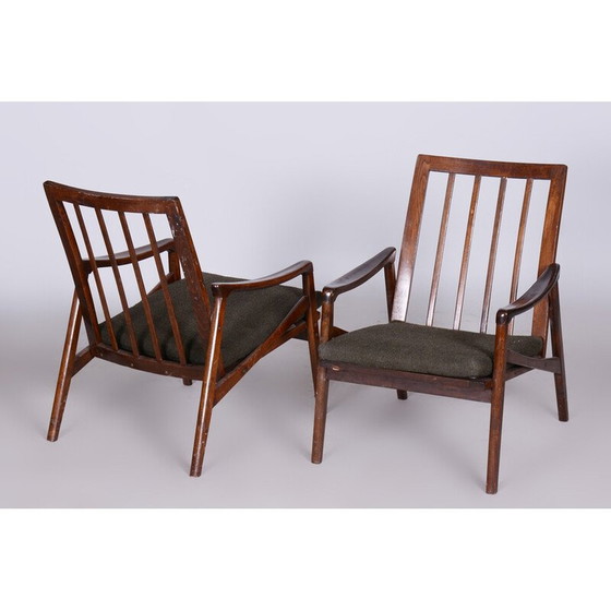 Image 1 of Paar Mid Century fauteuils in gebeitst beukenhout en stof, Tsjechië 1960