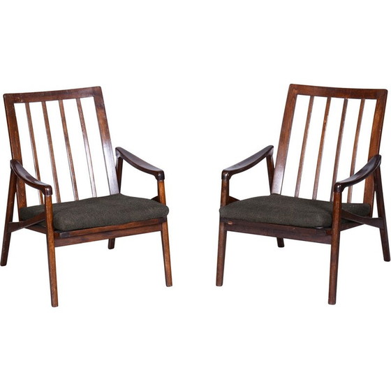 Image 1 of Paar Mid Century fauteuils in gebeitst beukenhout en stof, Tsjechië 1960
