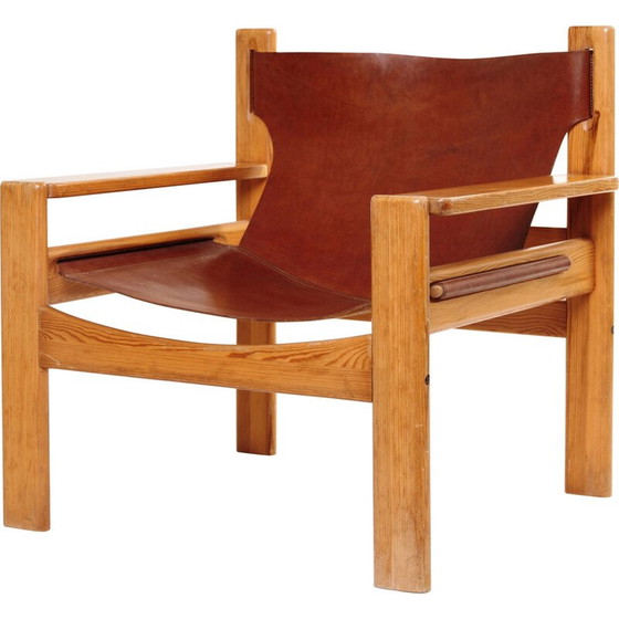 Image 1 of Vintage fauteuils in leer en dennenhout, Zweden 1960