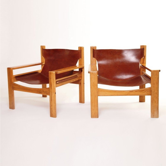 Image 1 of Vintage fauteuils in leer en dennenhout, Zweden 1960