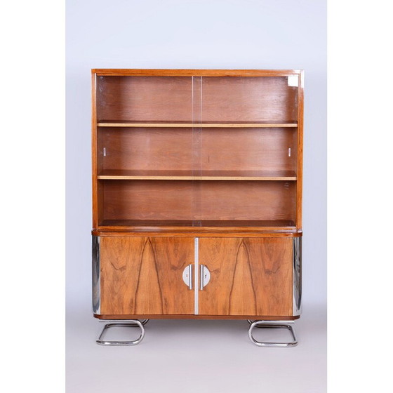 Image 1 of Vintage Art Deco notenhouten en glazen boekenkast door Vichr, Tsjecho-Slowakije 1930