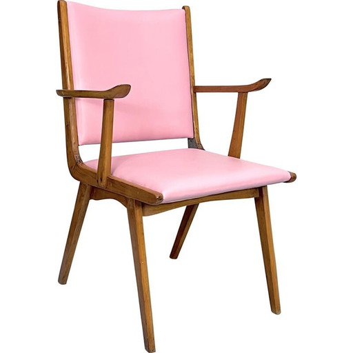 Vintage Italiaanse houten accentstoel in roze kunstleer, Italië 1950