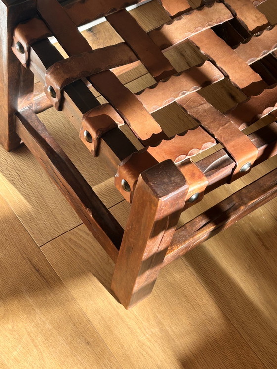 Image 1 of Houten Braziliaanse Brutalistisch Lederen Voetenbankje Bijzettafel Pouf