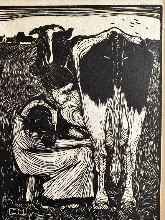 Image 1 of Jan Mankes 1889-1920 / Originele Houtsnede Koemelkster 1927 (Mooi Ingelijst)