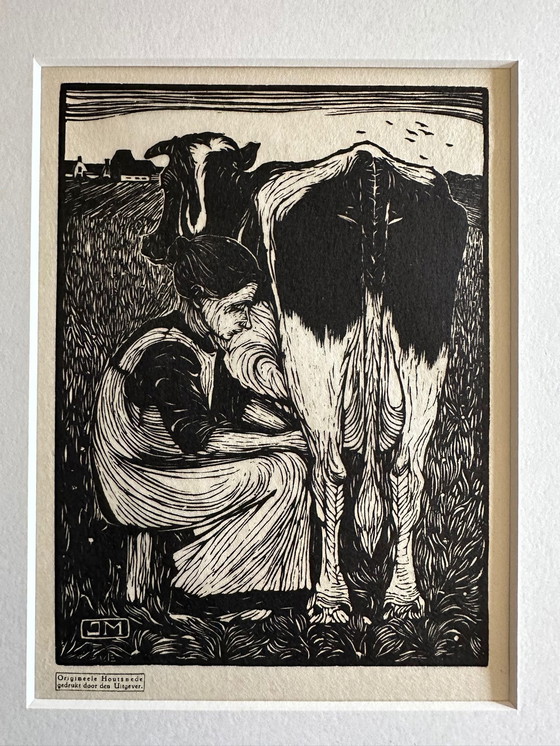Image 1 of Jan Mankes 1889-1920 / Originele Houtsnede Koemelkster 1927 (Mooi Ingelijst)