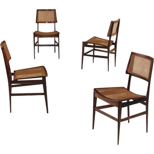 Set van 4 vintage rieten en palissander stoelen van Joaquim Tenreiro, 1960