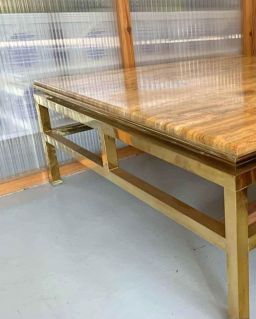 Tafel Basse Maison Jansen De Guy Lefevre, Laiton Doré Et Travertin