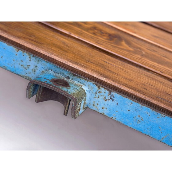 Image 1 of Vintage blauw metalen en houten salontafel, Tsjecho-Slowakije 1950
