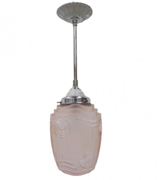 Art deco hanglamp met roze glazen kap