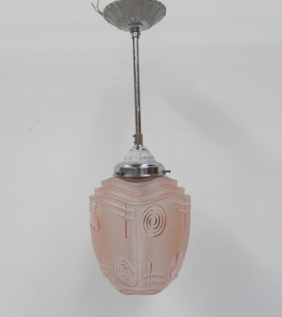 Image 1 of Art deco hanglamp met roze glazen kap