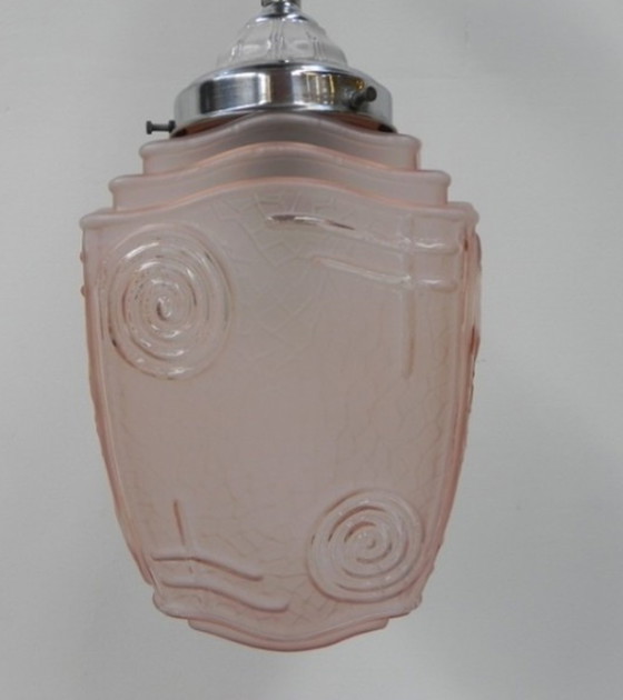 Image 1 of Art deco hanglamp met roze glazen kap