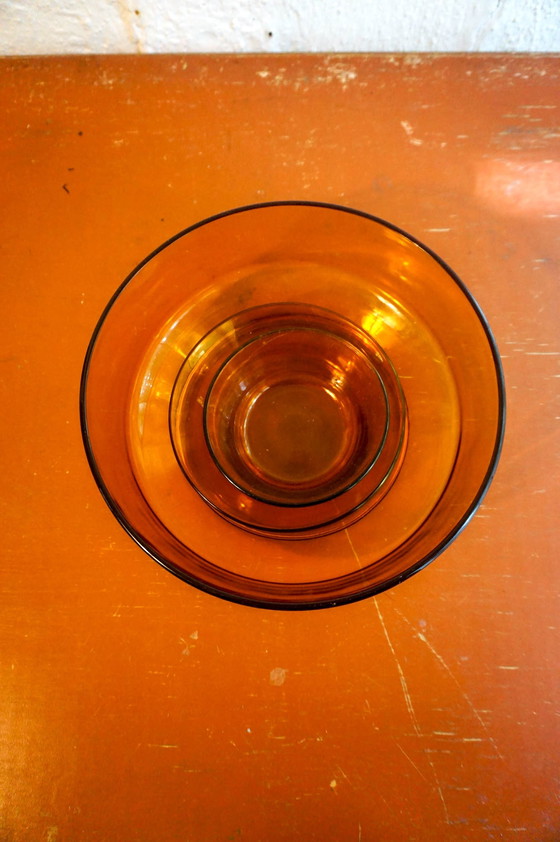 Image 1 of 3x Oranje amber glazen serveer kommen slakom restjes