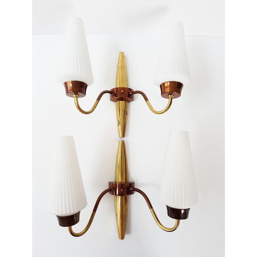 Paar vintage koperen en messing wandlampen, Frans