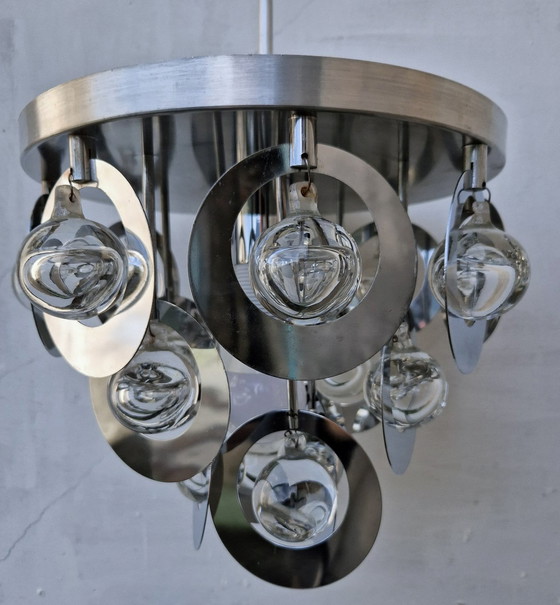 Image 1 of Vintage hanglamp - Oscar Torlasco - Stilkronen - Glas & Staal - Murano - Ruimtetijdperk - 1970