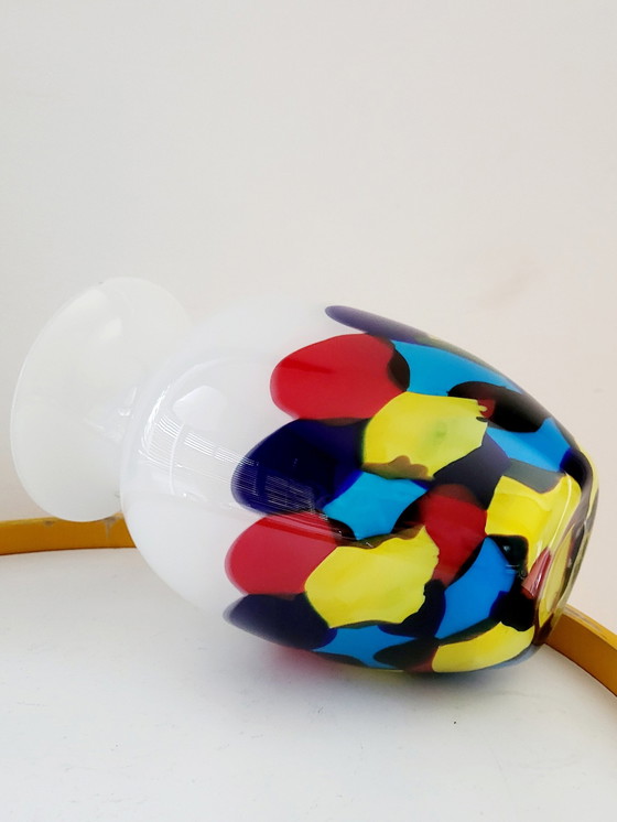Image 1 of Multi Color Glazen Vaas, Primaire Kleuren Met Wit Glas