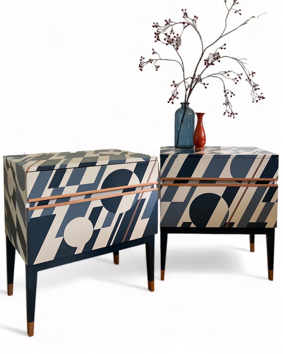 Image 1 of 2x Vintage Nachtkastjes met prachtige retro print van Mini Moderns