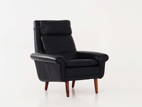 Image 1 of Fauteuil van zwart leer, Deens ontwerp, 1970S, Productie: Denemarken