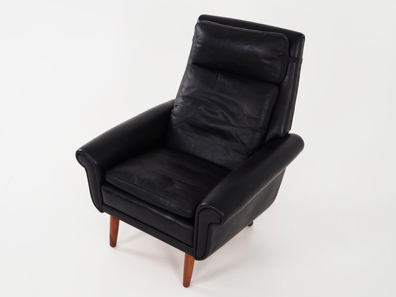 Image 1 of Fauteuil van zwart leer, Deens ontwerp, 1970S, Productie: Denemarken