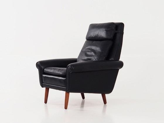 Image 1 of Fauteuil van zwart leer, Deens ontwerp, 1970S, Productie: Denemarken