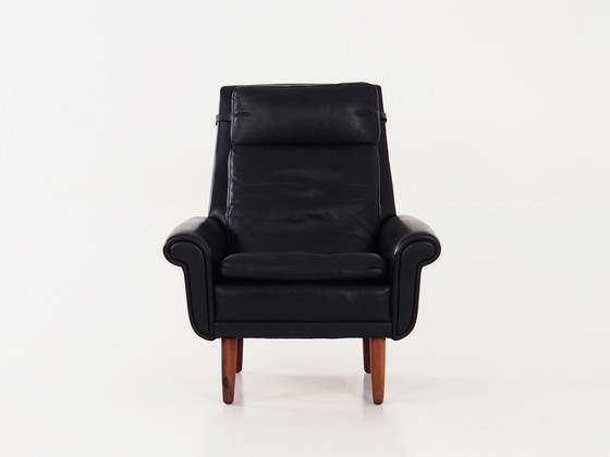 Image 1 of Fauteuil van zwart leer, Deens ontwerp, 1970S, Productie: Denemarken