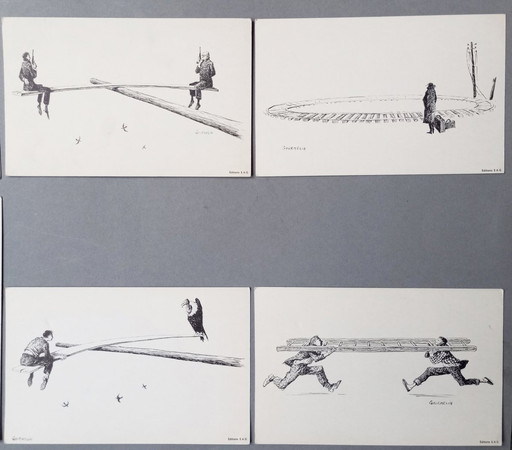 Jean Gourmelin - 8 X originele absurdistische/surrealistische etsen/inkt tekeningen 1960S