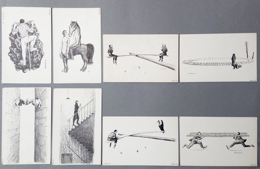 Jean Gourmelin - 8 X originele absurdistische/surrealistische etsen/inkt tekeningen 1960S