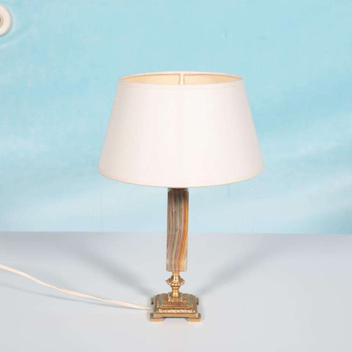 Vintage schemerlamp sixties, messing en natuursteen Boho