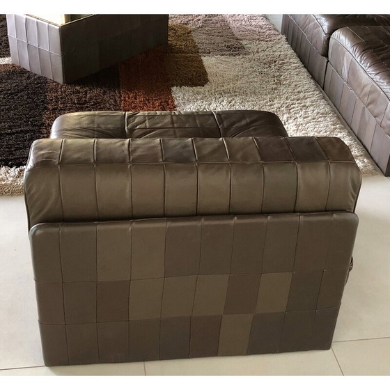 Image 1 of Vintage 3-zits "Trinidad" bank in chocolade patchwork leer voor De Sede, Zwitserland 1970