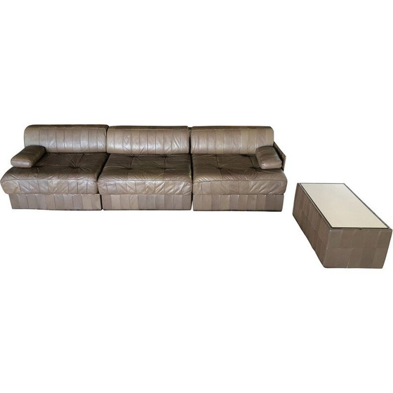 Image 1 of Vintage 3-zits "Trinidad" bank in chocolade patchwork leer voor De Sede, Zwitserland 1970