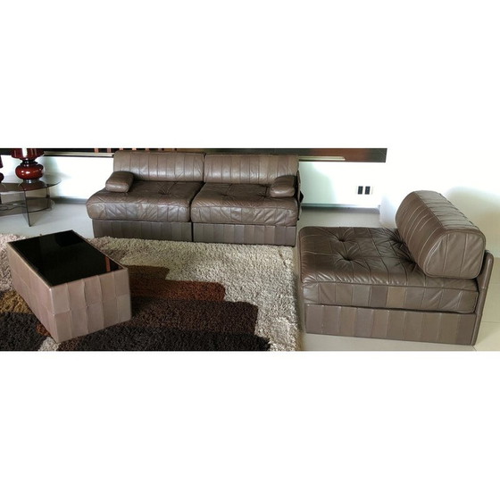 Image 1 of Vintage 3-zits "Trinidad" bank in chocolade patchwork leer voor De Sede, Zwitserland 1970