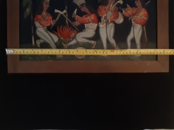 Image 1 of Schilderij Op Glas, Gesigneerd. Rovers Die Rond Hun Buit De Traditionele Zwaarddans Uitvoeren. Władysław Walczak-Baniecki.