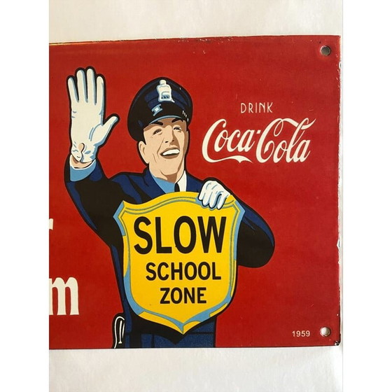 Image 1 of Vintage bord "Langzame schoolzone" in geëmailleerde metalen plaat, 1959