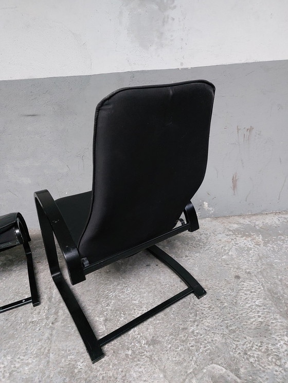 Image 1 of Black leather relax chair + Poef, 1989