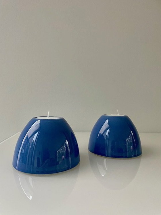 Image 1 of 2X Blauw Geglazuurde Keramieken Kaarsenhouders