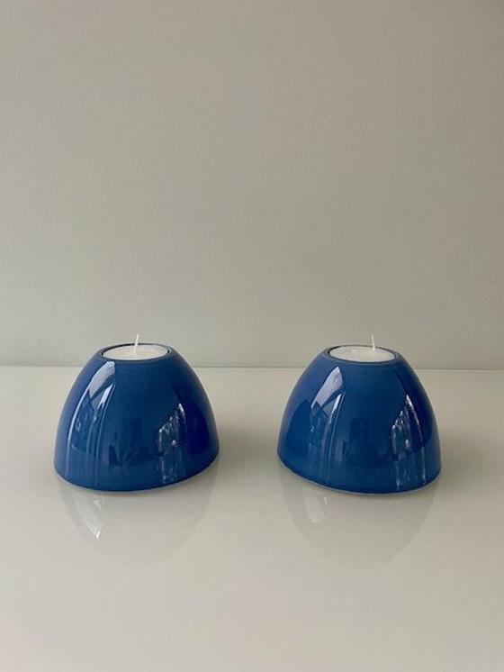 Image 1 of 2X Blauw Geglazuurde Keramieken Kaarsenhouders